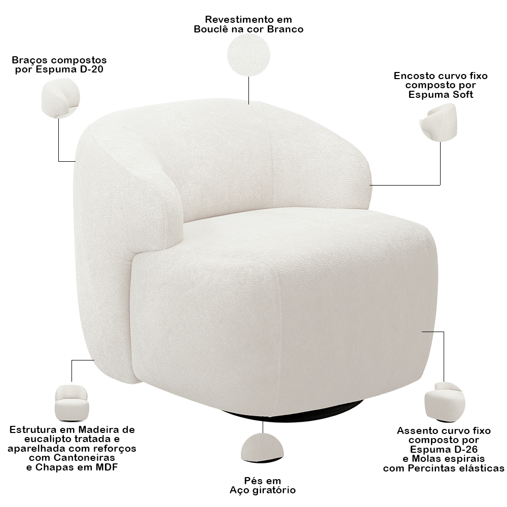 Sofá 3 Lugares Curvo Orgânico com 02 Poltronas Para Sala Living 250cm Barolo L06 Bouclê Branco - Lyam Decor