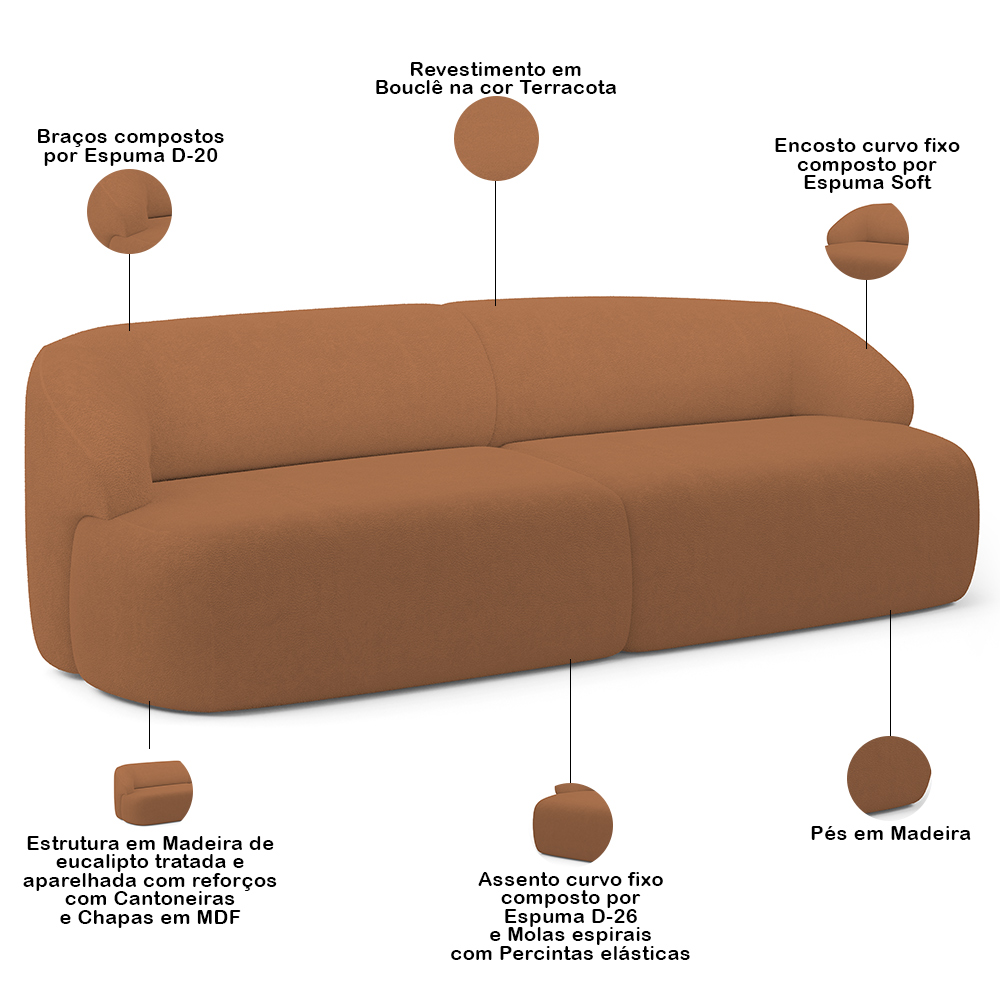 Sofá 3 Lugares Curvo Orgânico com 02 Poltronas Para Sala Living 250cm Barolo L06 Bouclê Terracota - Lyam Decor