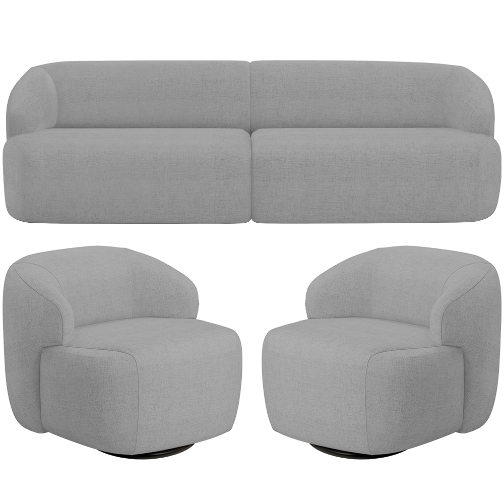 Sofá 3 Lugares Curvo Orgânico com 02 Poltronas Para Sala Living 250cm Barolo L06 Linho Cinza Escuro - Lyam Decor