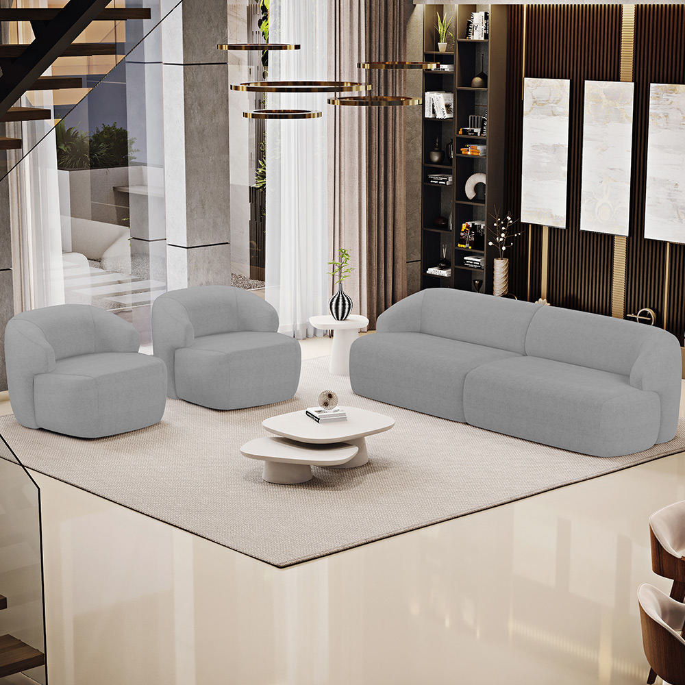 Sofá 3 Lugares Curvo Orgânico com 02 Poltronas Para Sala Living 250cm Barolo L06 Linho Cinza Escuro - Lyam Decor