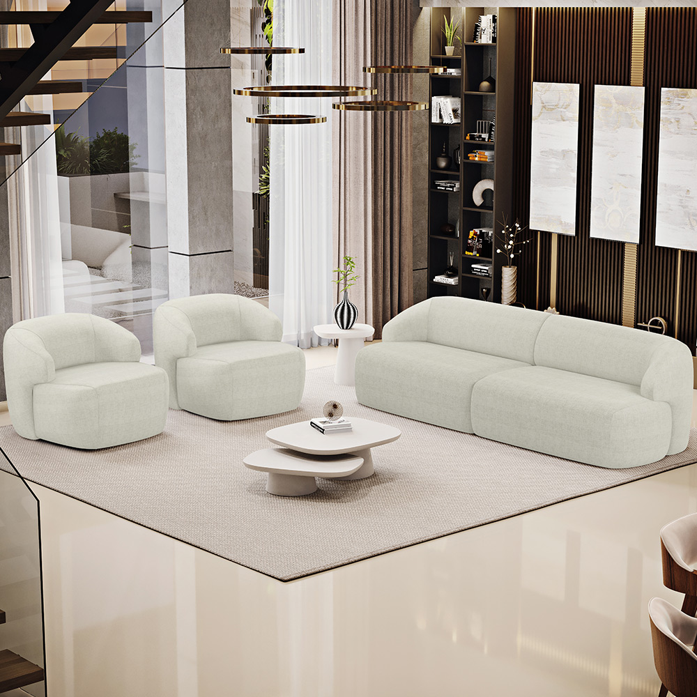 Sofá 3 Lugares Curvo Orgânico com 02 Poltronas Para Sala Living 250cm Barolo L06 Linho Cru - Lyam Decor