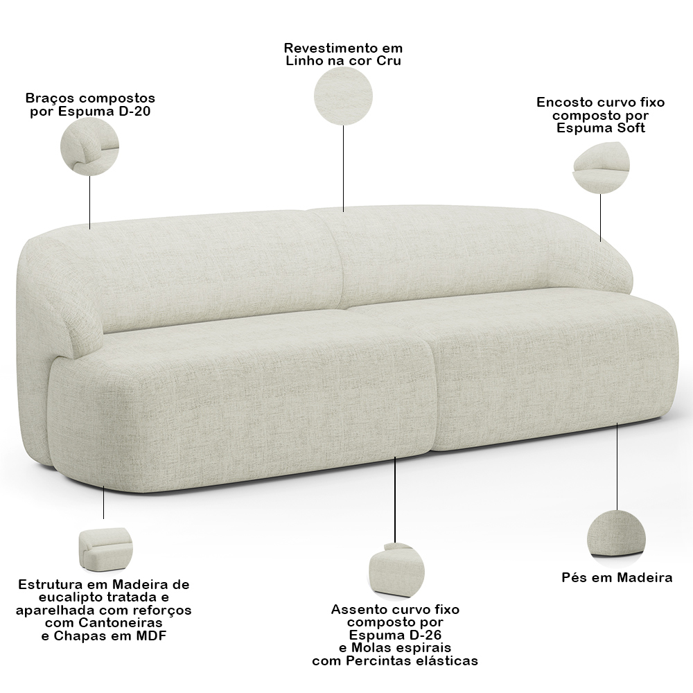 Sofá 3 Lugares Curvo Orgânico com 02 Poltronas Para Sala Living 250cm Barolo L06 Linho Cru - Lyam Decor