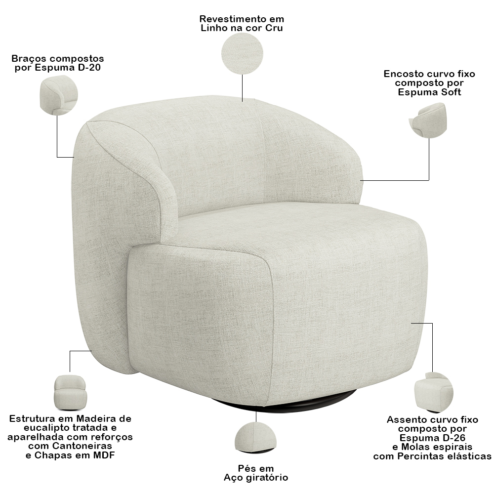 Sofá 3 Lugares Curvo Orgânico com 02 Poltronas Para Sala Living 250cm Barolo L06 Linho Cru - Lyam Decor