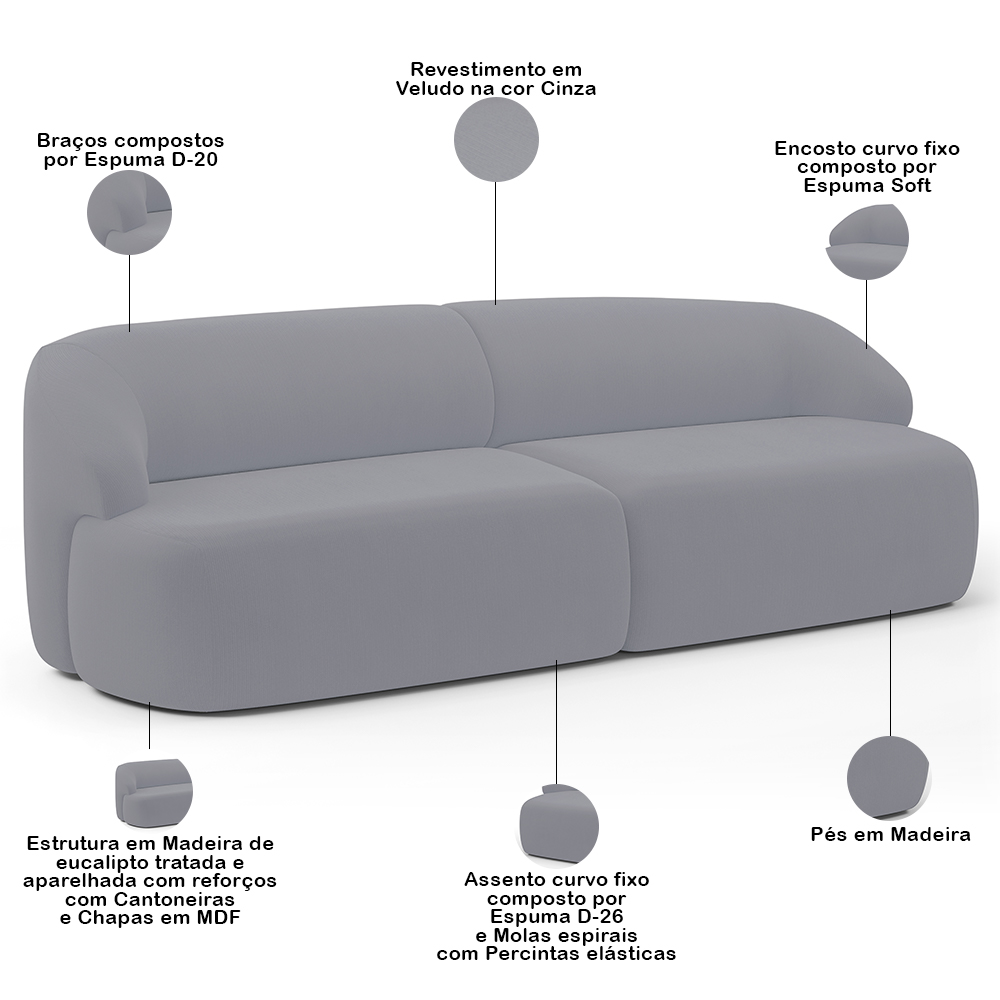 Sofá 3 Lugares Curvo Orgânico com 02 Poltronas Para Sala Living 250cm Barolo L06 Veludo Cinza - Lyam Decor