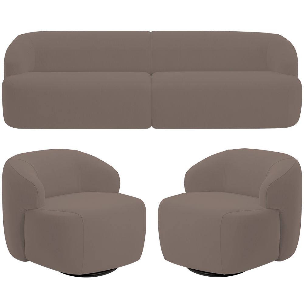 Sofá 3 Lugares Curvo Orgânico com 02 Poltronas Para Sala Living 250cm Barolo L06 Veludo Marrom - Lyam Decor