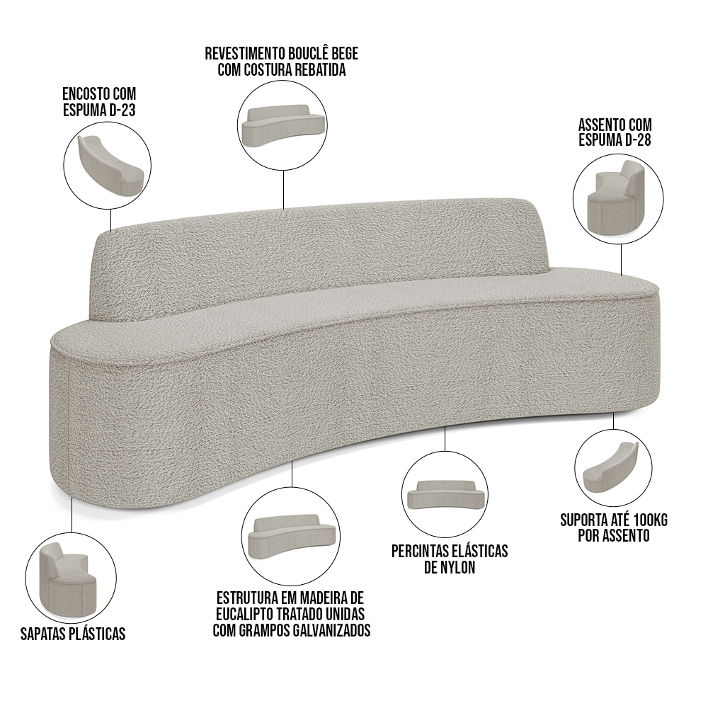 Sofá 3 Lugares Curvo Sala de Estar Living Cancún D02 Bouclê Bege 210 cm B-62 - Lyam Decor
