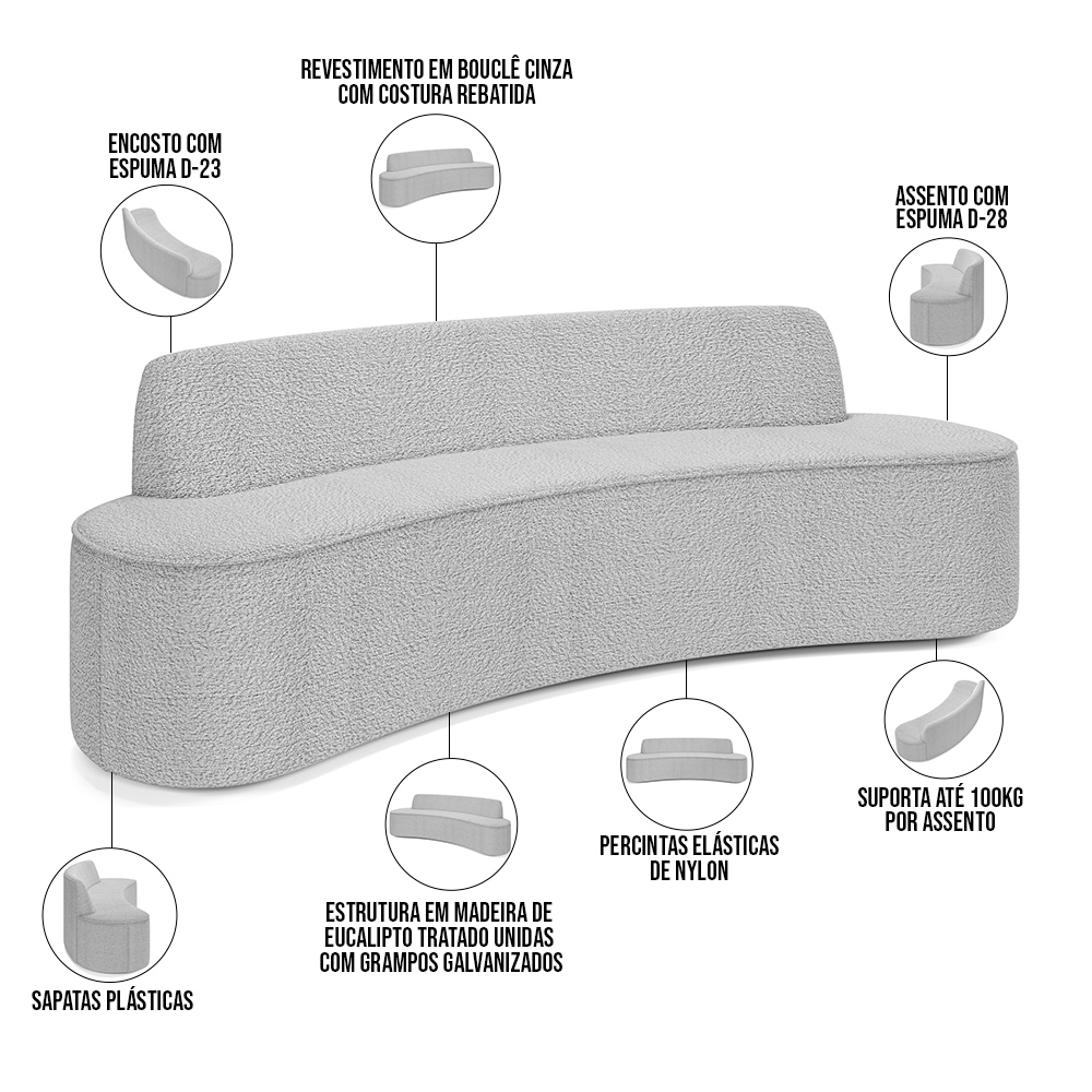 Sofá 3 Lugares Curvo Sala de Estar Living Cancún D02 Bouclê Cinza 180 cm B-56 - Lyam Decor