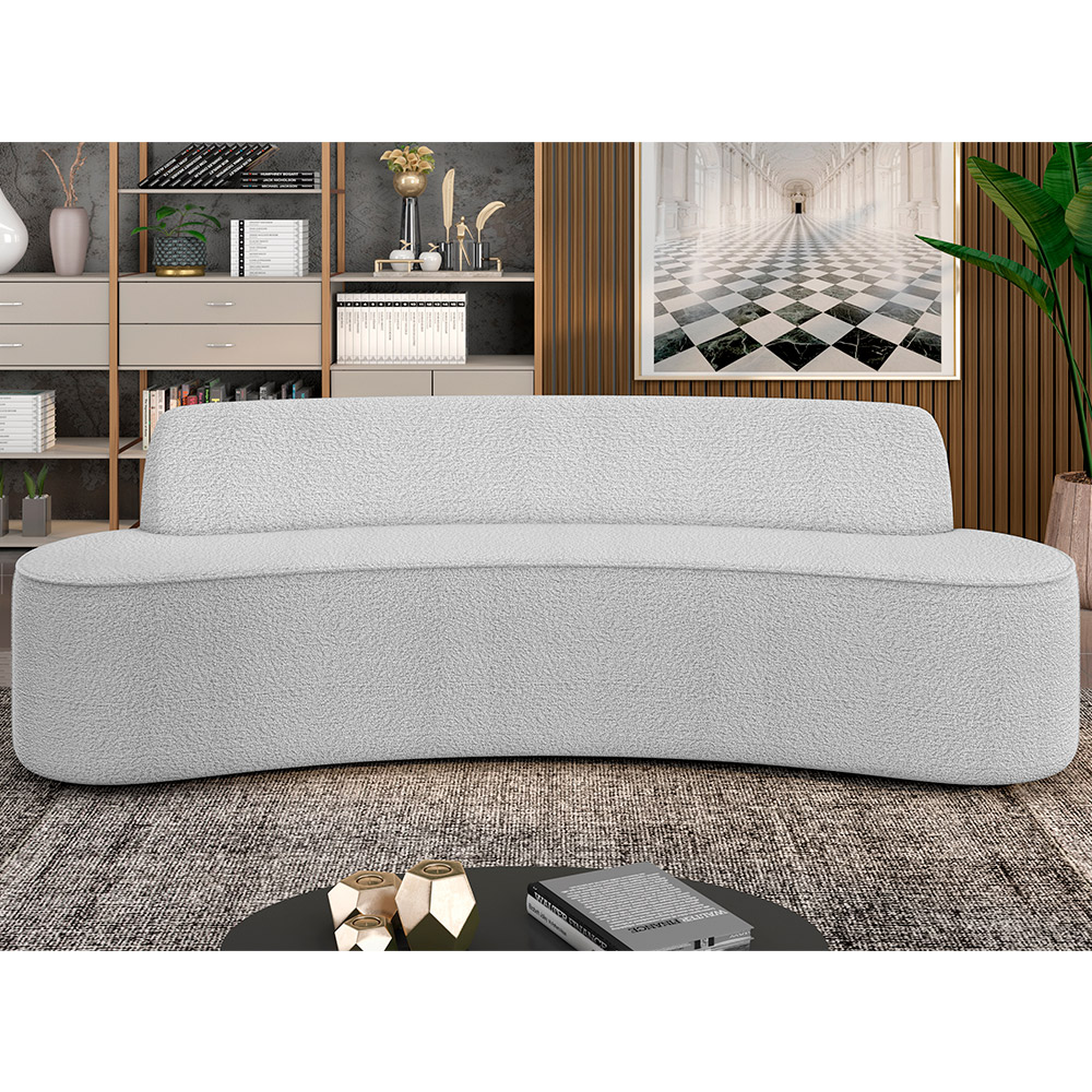 Sofá 3 Lugares Curvo Sala de Estar Living Cancún D02 Bouclê Cinza 210 cm B-56 - Lyam Decor