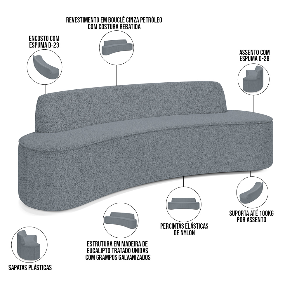 Sofá 3 Lugares Curvo Sala de Estar Living Cancún D02 Bouclê Cinza Escuro 180 cm B-64 - Lyam Decor