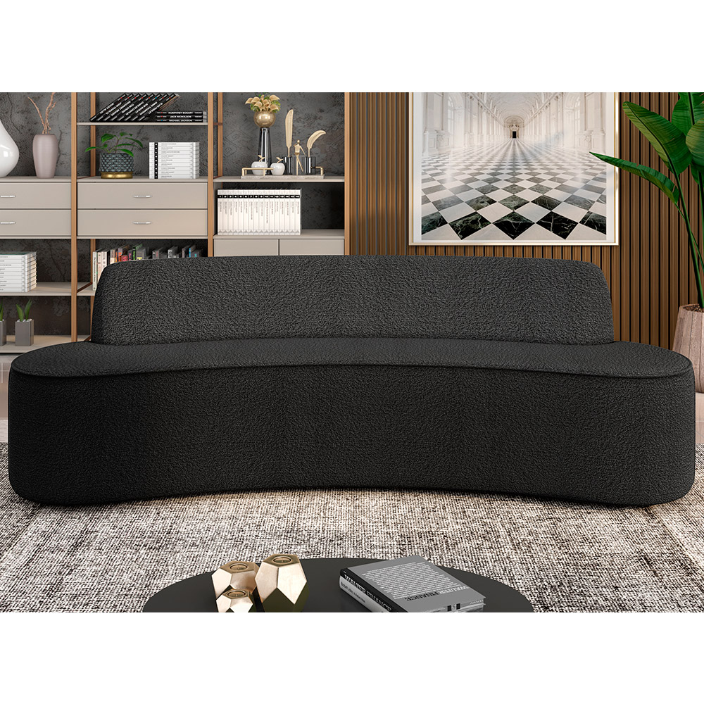 Sofá 3 Lugares Curvo Sala de Estar Living Cancún D02 Bouclê Preto 180 cm B-57 - Lyam Decor