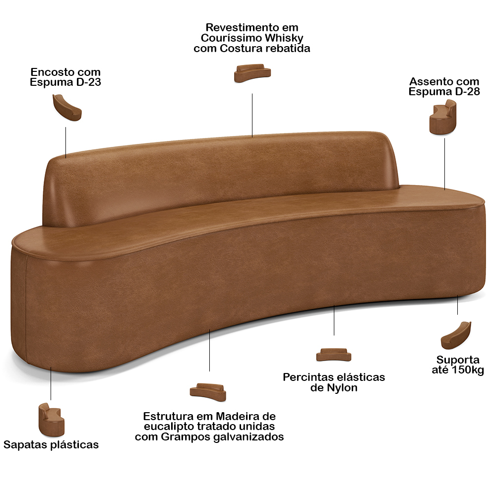 Sofá 3 Lugares Curvo Sala de Estar Living Cancún D02 Couríssimo Whisky 210 cm B-90 - Lyam Decor