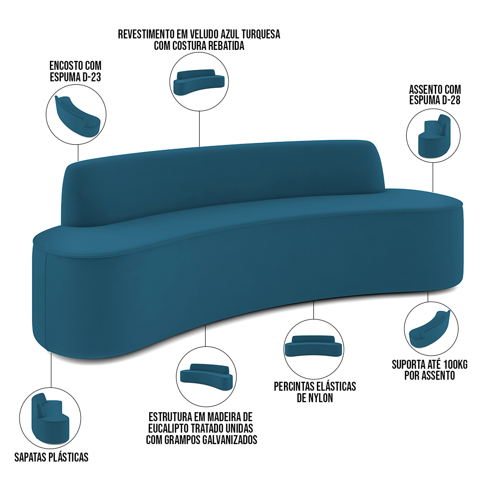 Sofá 3 Lugares Curvo Sala de Estar Living Cancún D02 Veludo Azul Turquesa 180 cm C-170 - Lyam Decor