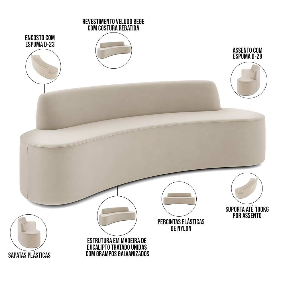 Sofá 3 Lugares Curvo Sala de Estar Living Cancún D02 Veludo Bege 180 cm C-309 - Lyam Decor