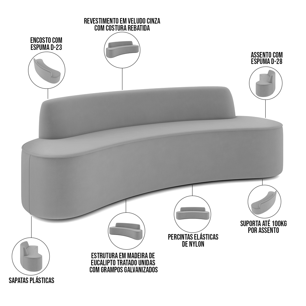 Sofá 3 Lugares Curvo Sala de Estar Living Cancún D02 Veludo Cinza 180 cm C-317 - Lyam Decor