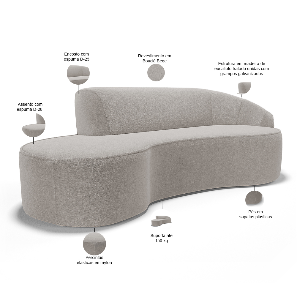 Sofá 3 Lugares Curvo Sala de Estar Living Firenze Direito D02 Bouclê Bege 210 cm B-62 - Lyam