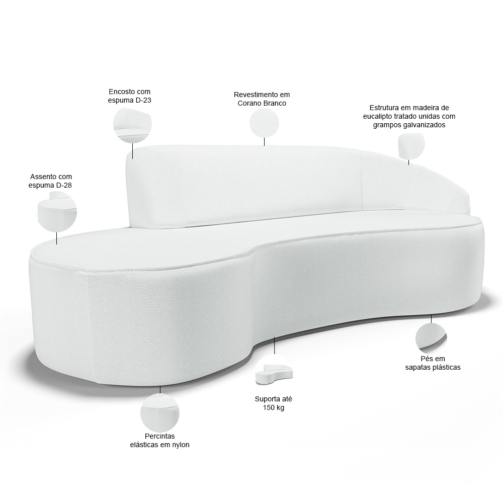 Sofá 3 Lugares Curvo Sala de Estar Living Firenze Direito D02 Corano Branco 210 cm C-12 - Lyam
