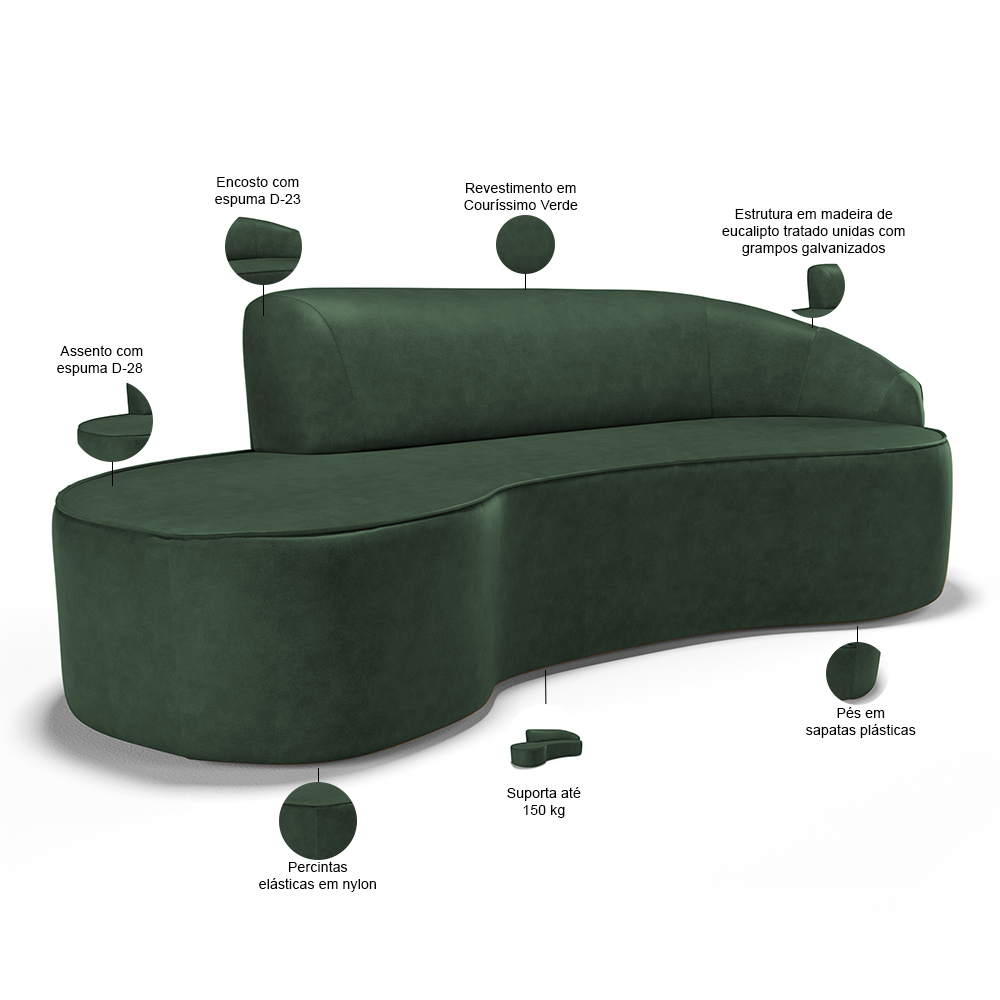 Sofá 3 Lugares Curvo Sala de Estar Living Firenze Direito D02 Couríssimo Verde 210 cm B-89 - Lyam