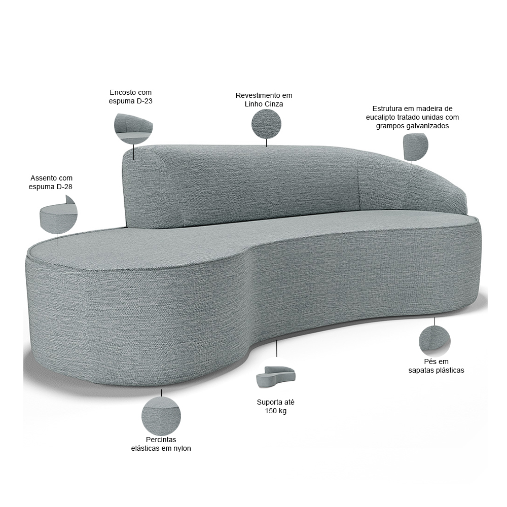 Sofá 3 Lugares Curvo Sala de Estar Living Firenze Direito D02 Linho Cinza 180 cm D-474 - Lyam