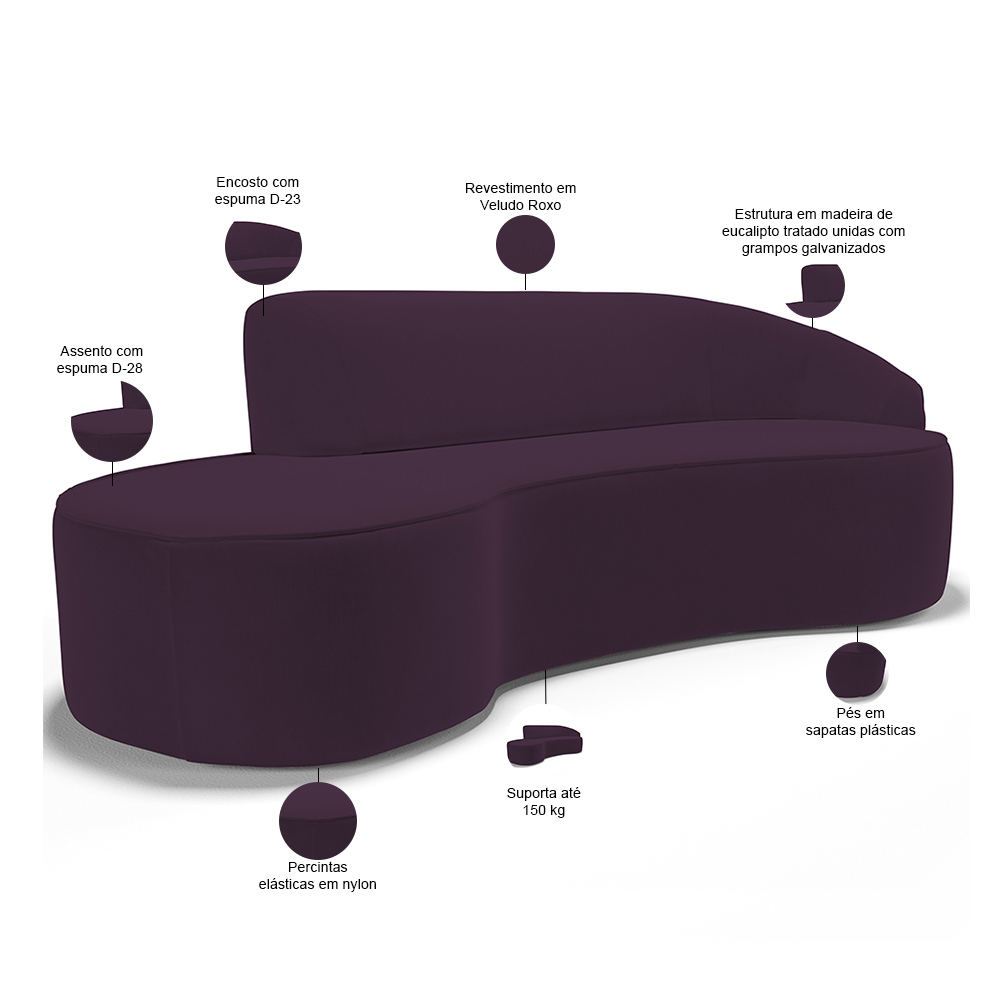 Sofá 3 Lugares Curvo Sala de Estar Living Firenze Direito D02 Veludo Roxo 210 cm C-292 - Lyam