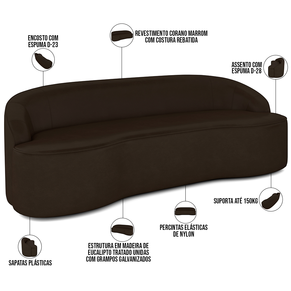 Sofá 3 Lugares Curvo Sala de Estar Living Lótus D02 Corano Marrom 180 cm B-98 - Lyam