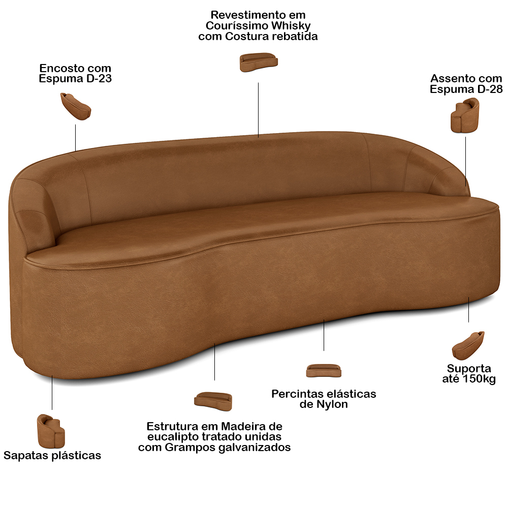 Sofá 3 Lugares Curvo Sala de Estar Living Lótus D02 Couríssimo Whisky 180 cm B-90 - Lyam Decor