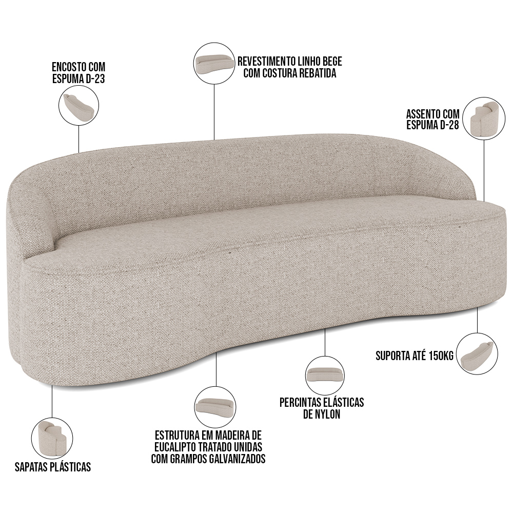Sofá 3 Lugares Curvo Sala de Estar Living Lótus D02 Linho Bege 180 cm D-463 - Lyam Decor