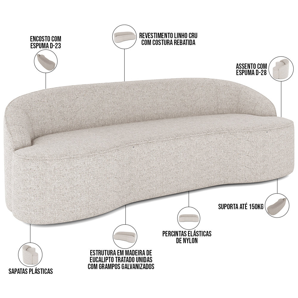 Sofá 3 Lugares Curvo Sala de Estar Living Lótus D02 Linho Cru 210 cm D-461 - Lyam Decor