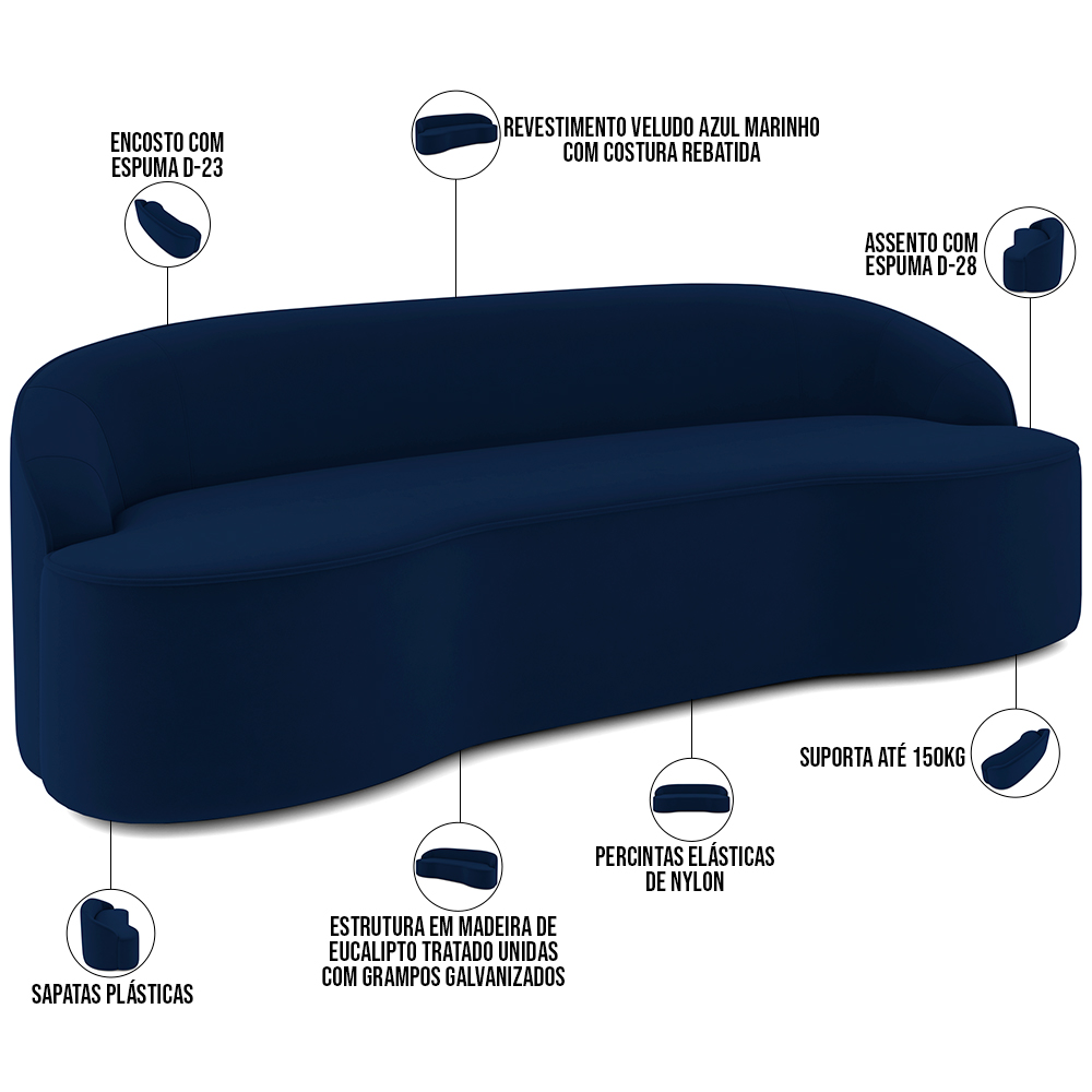 Sofá 3 Lugares Curvo Sala de Estar Living Lótus D02 Veludo Azul Marinho 210 cm C-304 - Lyam Decor