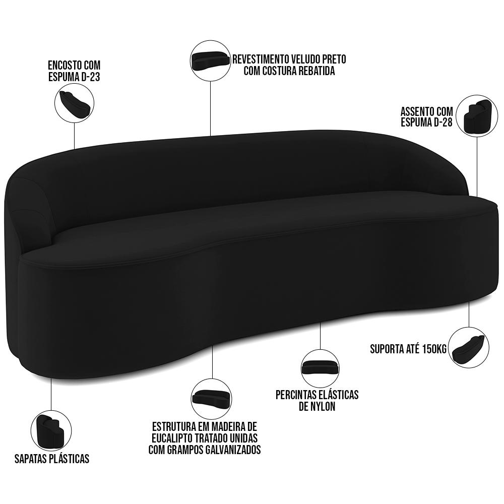 Sofá 3 Lugares Curvo Sala de Estar Living Lótus D02 Veludo Preto 210 cm C-300 - Lyam