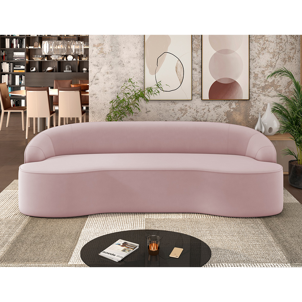 Sofá 3 Lugares Curvo Sala de Estar Living Lótus D02 Veludo Rosê 180 cm C-305 - Lyam