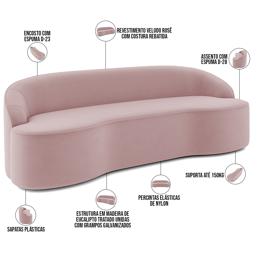 Sofá 3 Lugares Curvo Sala de Estar Living Lótus D02 Veludo Rosê 180 cm C-305 - Lyam
