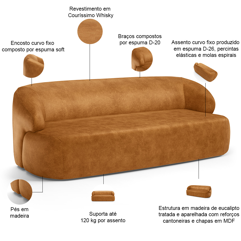 Sofá 3 Lugares Orgânico Para Sala Living 180cm Barolo L06 Couríssimo Whisky - Lyam Decor