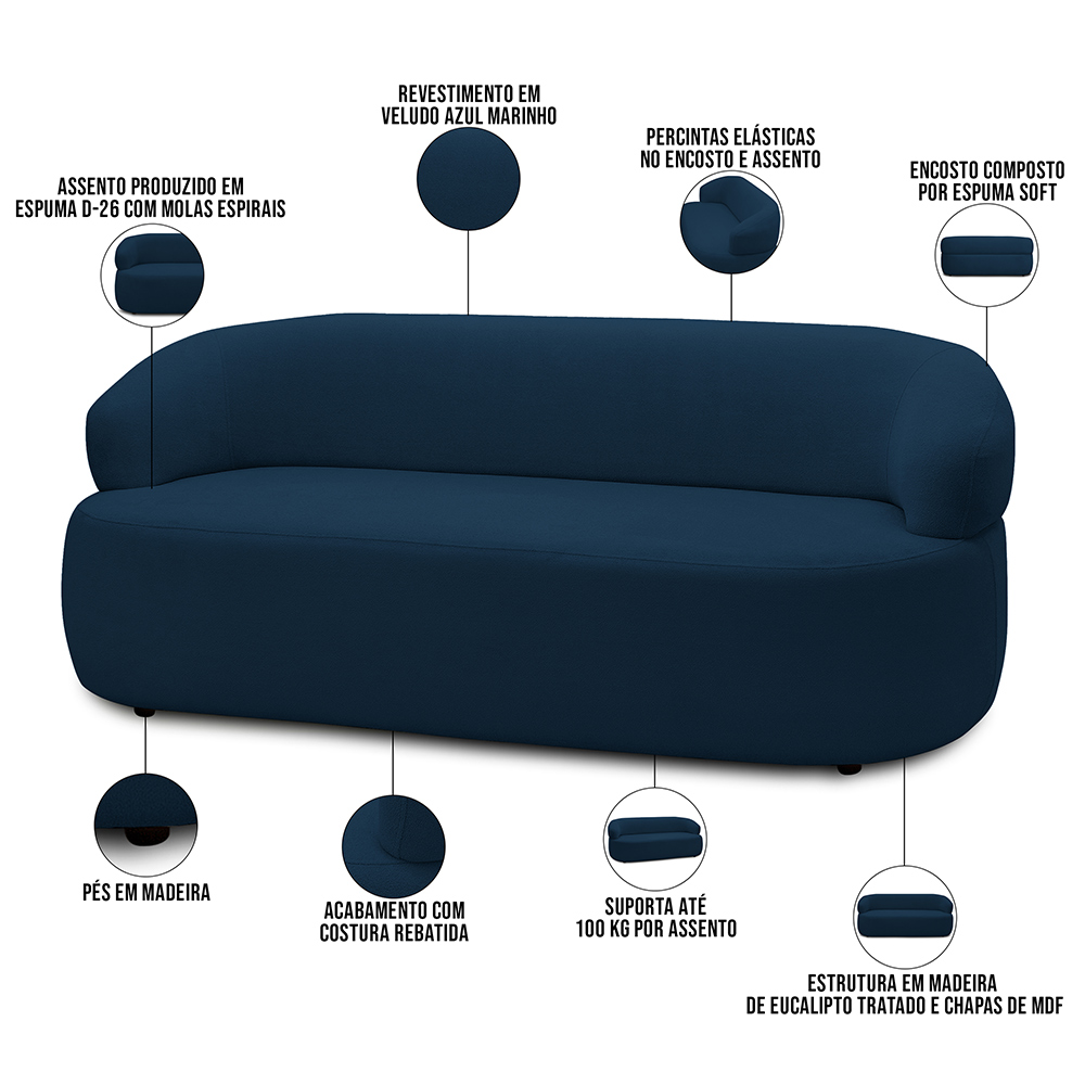 Sofá 3 Lugares Orgânico Sala de Estar Living 170cm Carmen F04 Veludo Azul - Lyam Decor