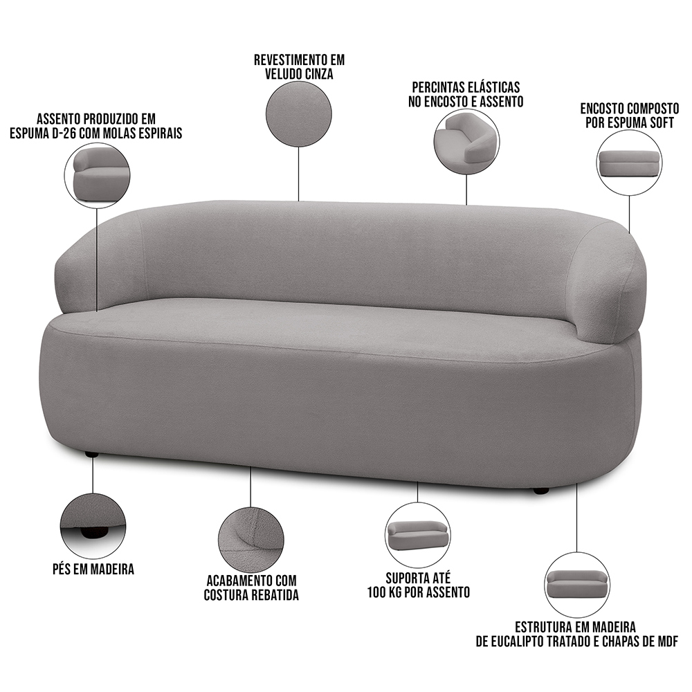 Sofá 3 Lugares Orgânico Sala de Estar Living 170cm Carmen F04 Veludo Cinza - Lyam Decor