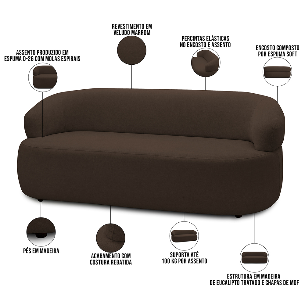Sofá 3 Lugares Orgânico Sala de Estar Living 170cm Carmen F04 Veludo Marrom - Lyam Decor