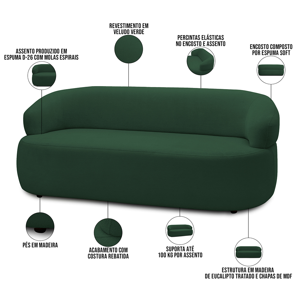 Sofá 3 Lugares Orgânico Sala de Estar Living 170cm Carmen F04 Veludo Verde - Lyam Decor