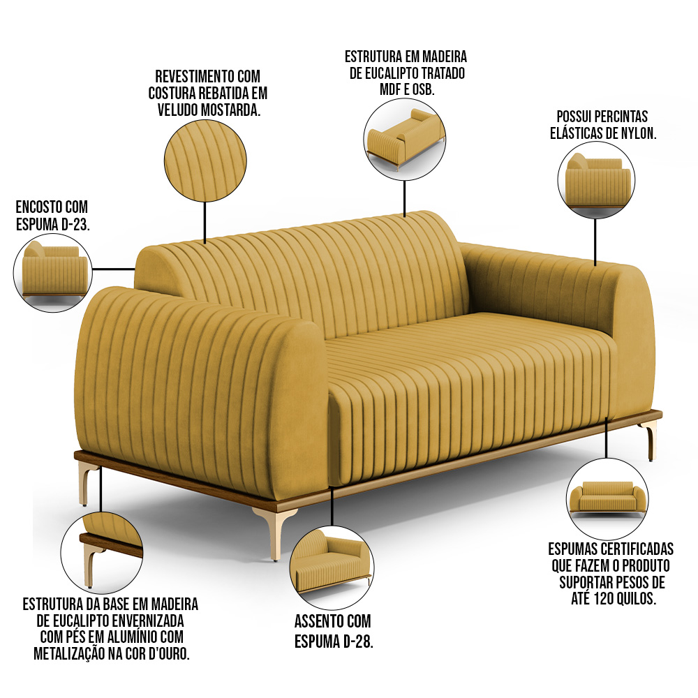 Sofá 3 Lugares Para Sala De Estar Molino 180 Cm D02 Pés D'ouro Veludo Mostarda C-260 - Lyam Decor