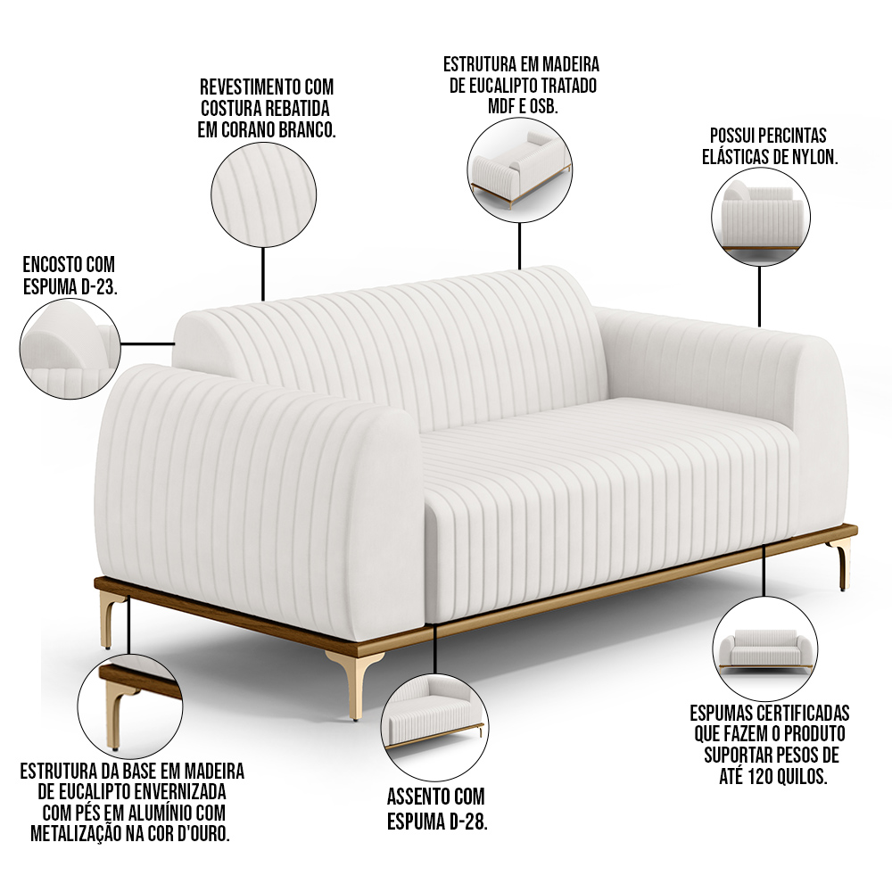 Sofá 3 Lugares Para Sala De Estar Molino 210 Cm D02 Pés D'ouro Corano Branco C-12 - Lyam Decor