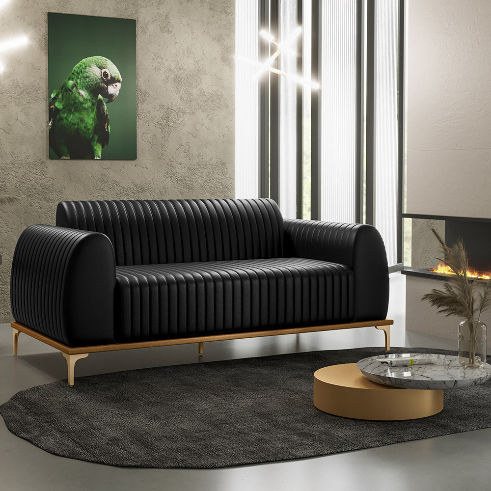 Sofá 3 Lugares Para Sala De Estar Molino 210 Cm D02 Pés D'ouro Couríssimo Preto B-159 - Lyam Decor