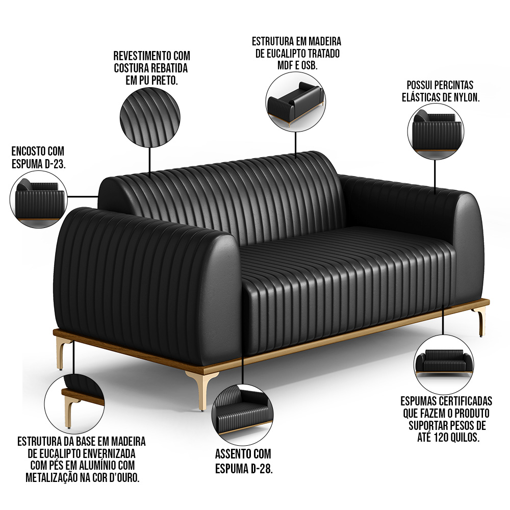 Sofá 3 Lugares Para Sala De Estar Molino 210 Cm D02 Pés D'ouro Couríssimo Preto B-159 - Lyam Decor