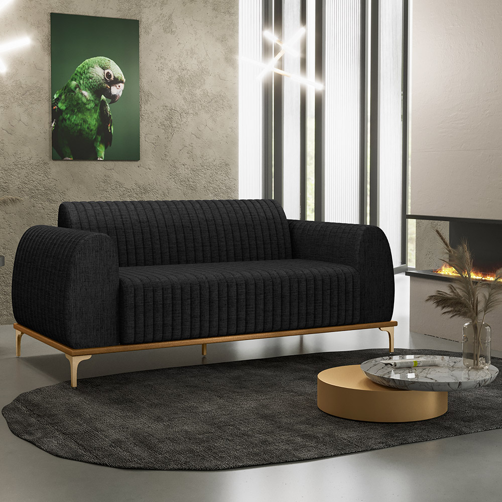 Sofá 3 Lugares Para Sala De Estar Molino 210 Cm D02 Pés D'ouro Linho Chumbo D-465 - Lyam Decor