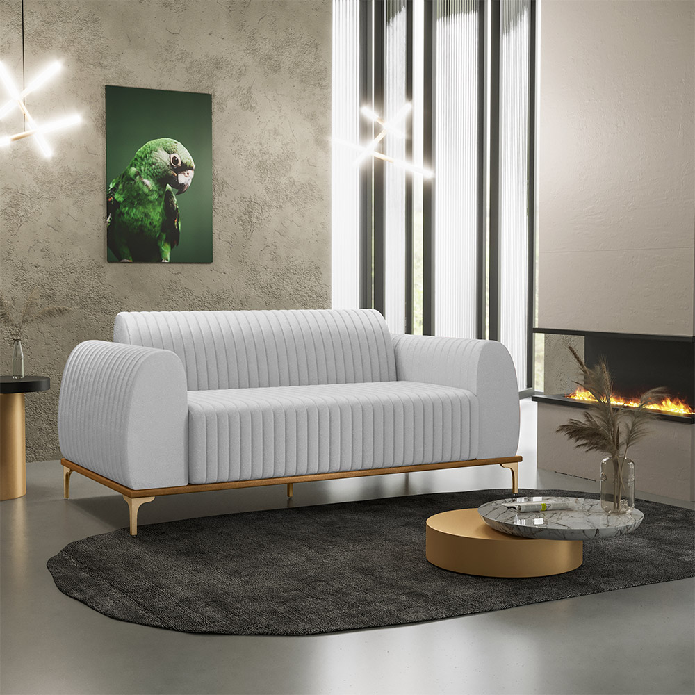 Sofá 3 Lugares Para Sala De Estar Molino 210 Cm D02 Pés D'ouro Linho Cinza D-315 - Lyam Decor