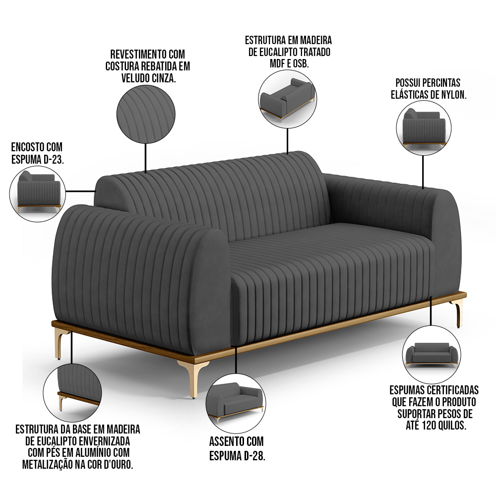 Sofá 3 Lugares Para Sala De Estar Molino 210 Cm D02 Pés D'ouro Veludo Cinza C-317 - Lyam Decor
