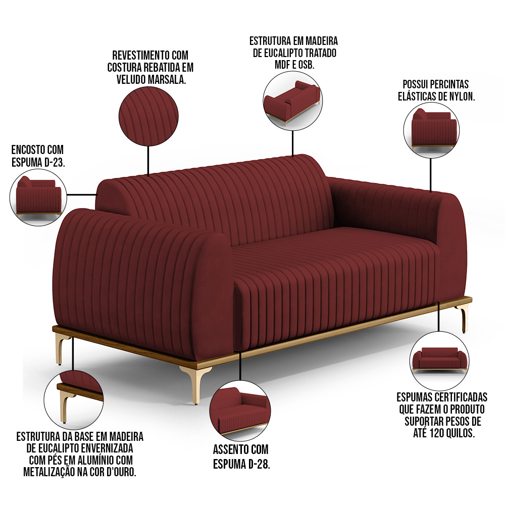 Sofá 3 Lugares Para Sala De Estar Molino 210 Cm D02 Pés D'ouro Veludo Marsala C-278 - Lyam Decor