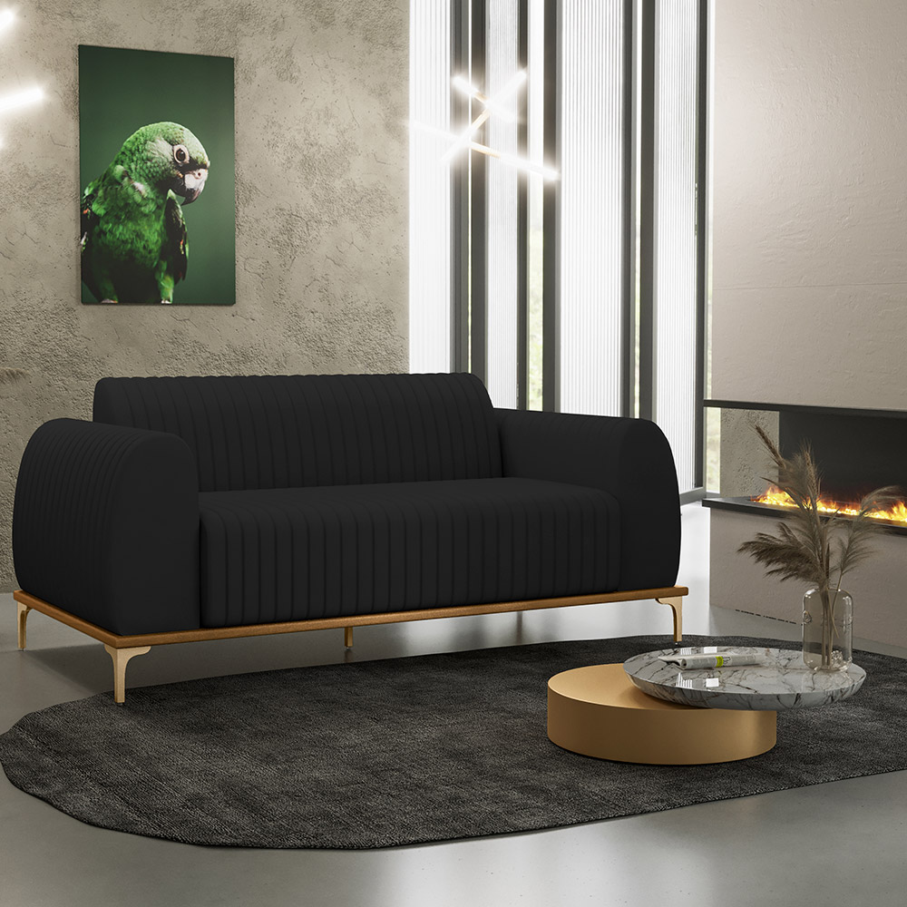Sofá 3 Lugares Para Sala De Estar Molino 210 Cm D02 Pés D'ouro Veludo Preto C-300 - Lyam Decor