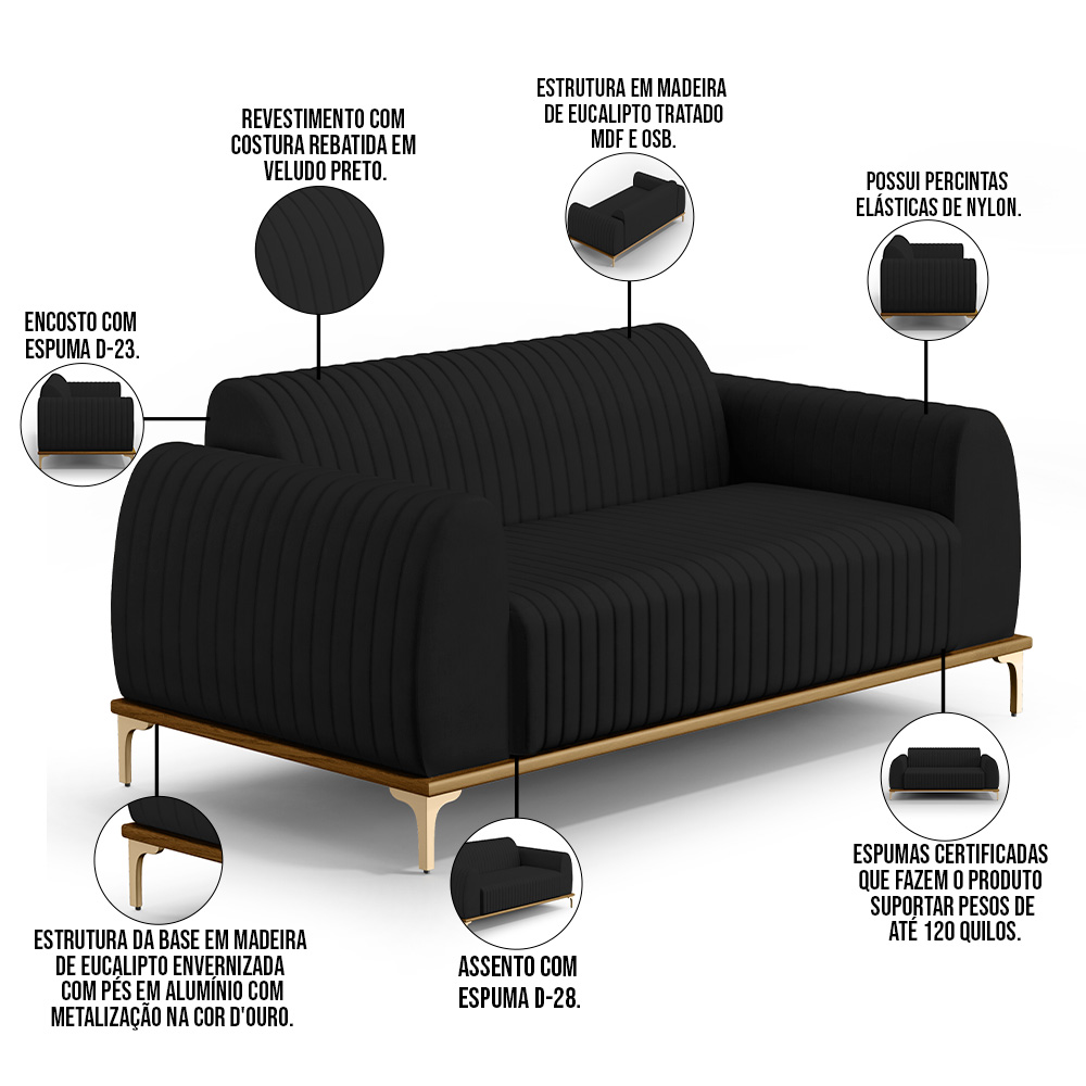 Sofá 3 Lugares Para Sala De Estar Molino 210 Cm D02 Pés D'ouro Veludo Preto C-300 - Lyam Decor