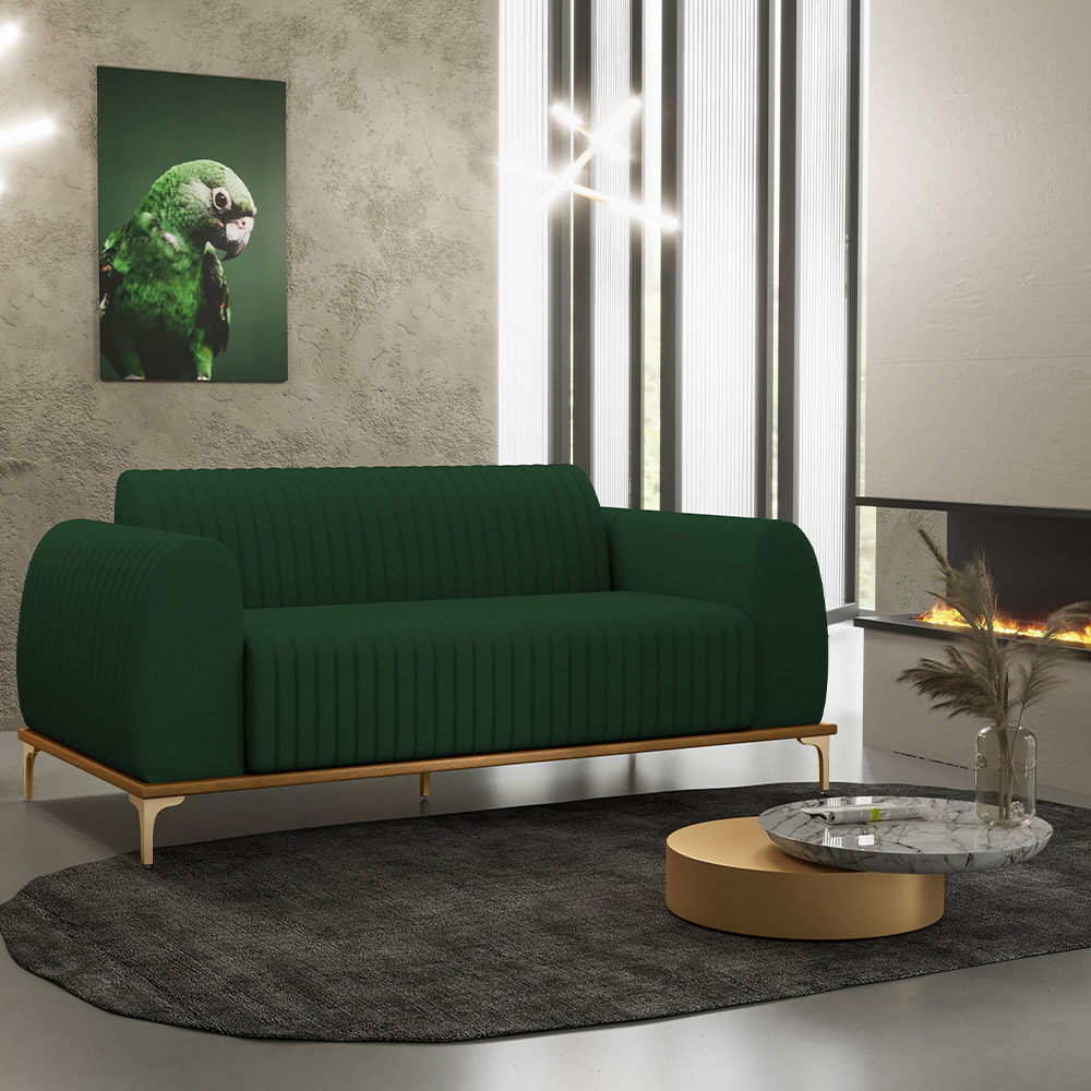 Sofá 3 Lugares Para Sala De Estar Molino 210 Cm D02 Pés D'ouro Veludo Verde Musgo C-303 - Lyam Decor