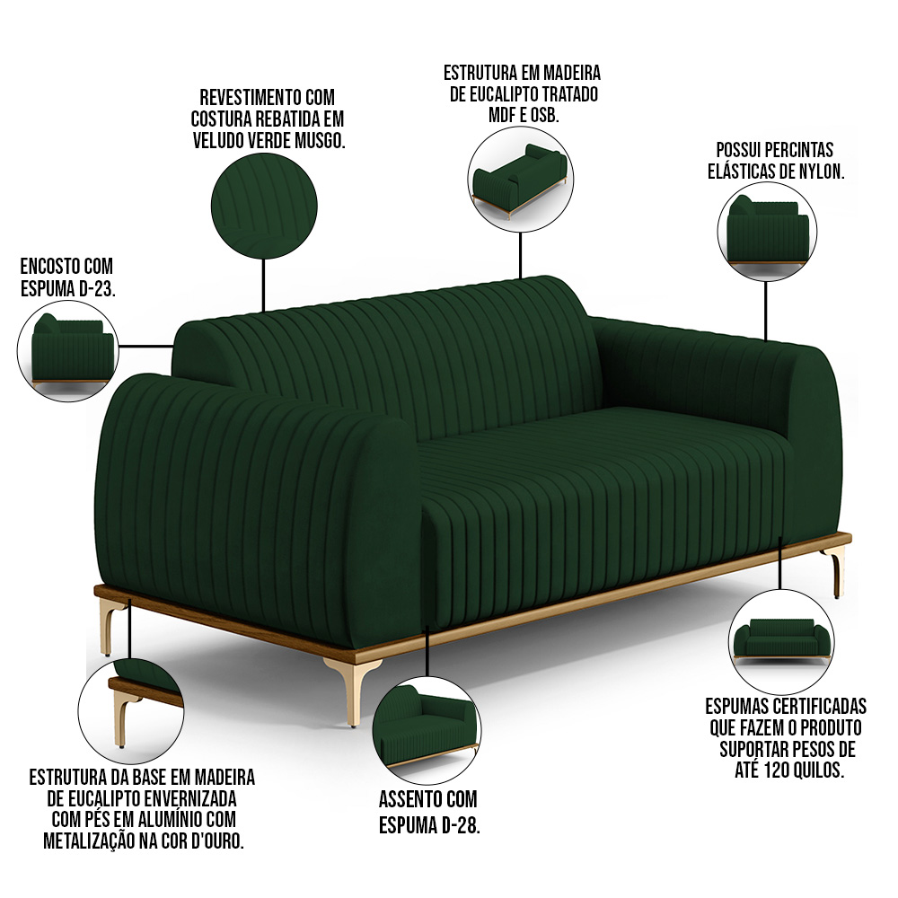 Sofá 3 Lugares Para Sala De Estar Molino 210 Cm D02 Pés D'ouro Veludo Verde Musgo C-303 - Lyam Decor