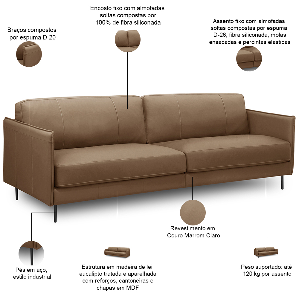 Sofá 3 Lugares Para Sala Living Industrial 210cm Romero L06 Couro Marrom Claro - Lyam Decor
