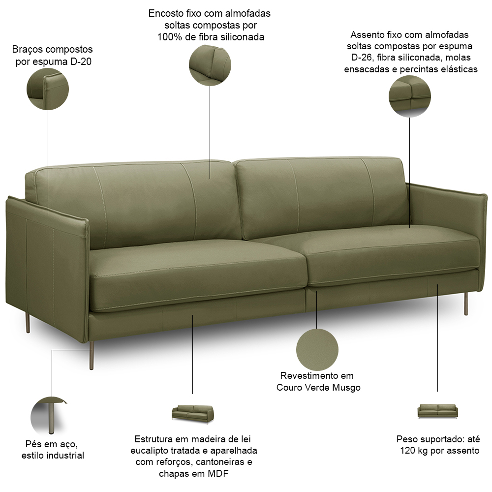 Sofá 3 Lugares Para Sala Living Industrial 210cm Romero L06 Couro Verde Musgo - Lyam Decor
